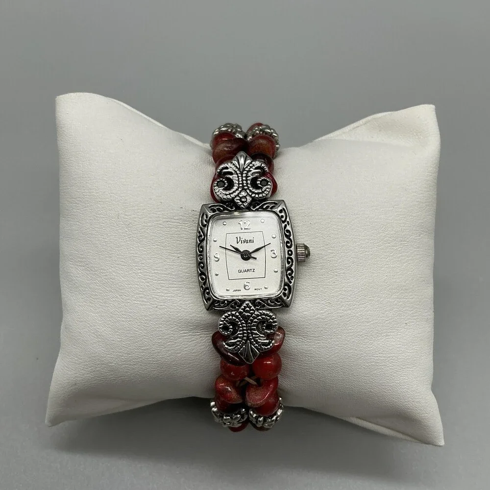 Vivani Womens Watch 18mm Silver Tone Red Beaded Stretch Band New Battery